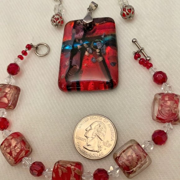 Red Pendant, Bracelet, Earrings, Lucite, Foiled Glass, Crystal, Silver Tone - Picture 1 of 5
